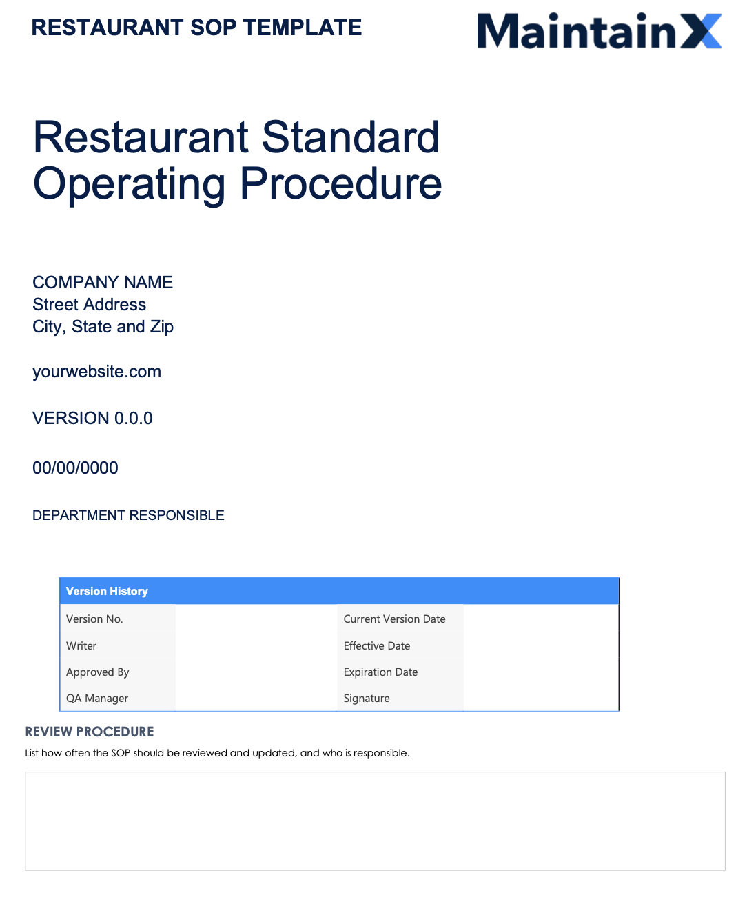 Restaurant standard operating procedure (SOP) template