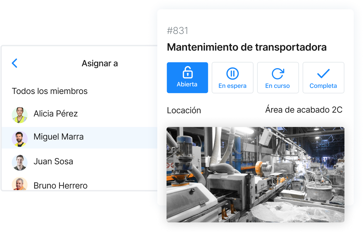 Asigna órdenes de trabajo rápidamente, monitorea el mantenimiento en tiempo real y reanuda la producción con MaintainX.